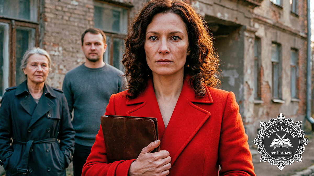Женщина в ярко-красном пальто, стоит на фоне старого дома. В руках она сжимает папку с документами, в ее темно-серых глазах холод и решимость. На заднем плане муж в тусклом сером свитере и свекровь в темном плаще торжествующе смотрят на нее.