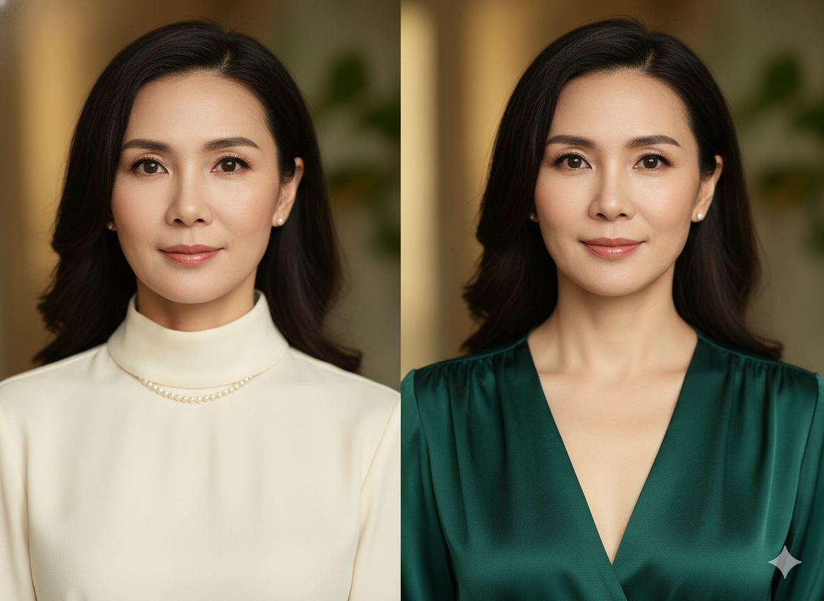 Сравнение: закрытая горловина утяжеляет лицо, V-вырез делает его светлее и выразительнее