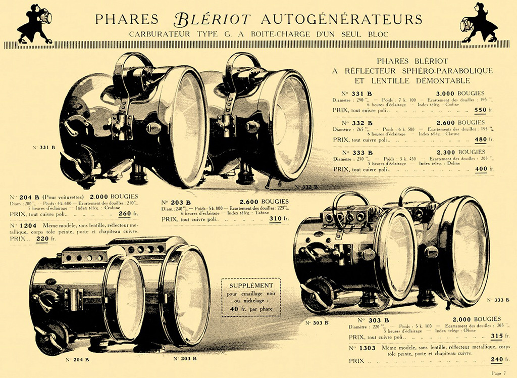 Страница из каталога фар Блерио. Успех с фарами позволил Луи Блерио, в итоге, стать успешным авиатором и войти в историю, 25 июля 1909 года первым перелетев через пролив Ла Манш