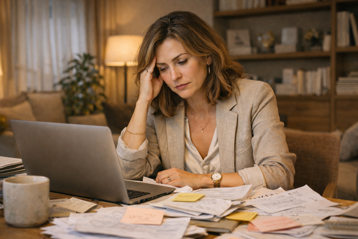 Психолог женщина перегружена работой за ноутбуком, много задач и усталость