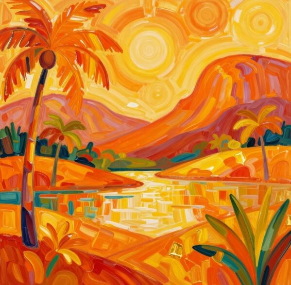 Сгенерированное Яндекс Алисой изображение по моему запросу: "Нарисуй картинку в стилях абстракции и Гогена. Используй теплые оттенки. Настроение: радостное."