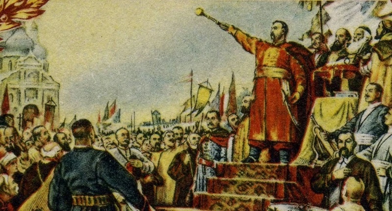 Хмельницкий перечисляет четыре союза и убеждает казаков выбрать Москву. "Волим под царя восточного!" — кричат в ответ.