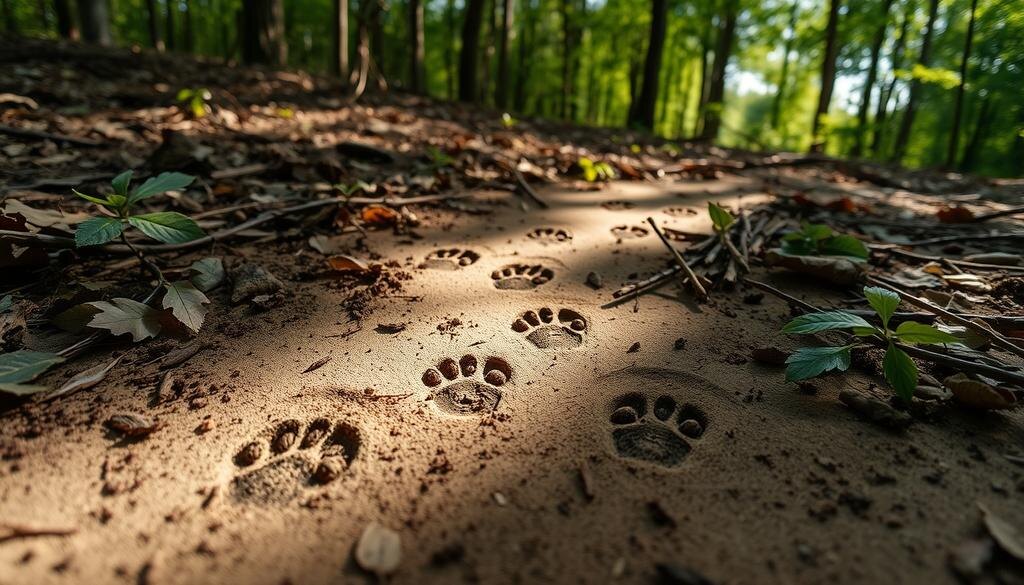    Лесная сцена с отпечатками разных животных на земле, листьями и ветками, изображающая дикий характер природы.