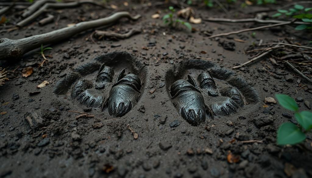    Крупный план следов медведя на грязной земле, с петляющими ветвями и взъерошенной почвой в лесу.