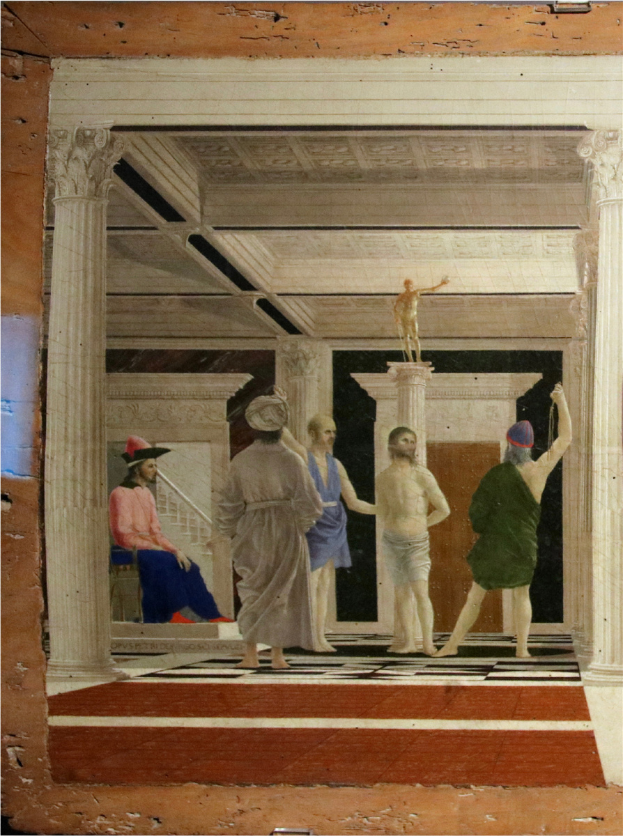 Пьеро делла Франческа, «Бичевание Христа», фрагмент. 1455—1460 гг. Дерево, масло, темпера. 58.4 × 81.5 см Национальная галерея Марке, Урбино, Италия. 