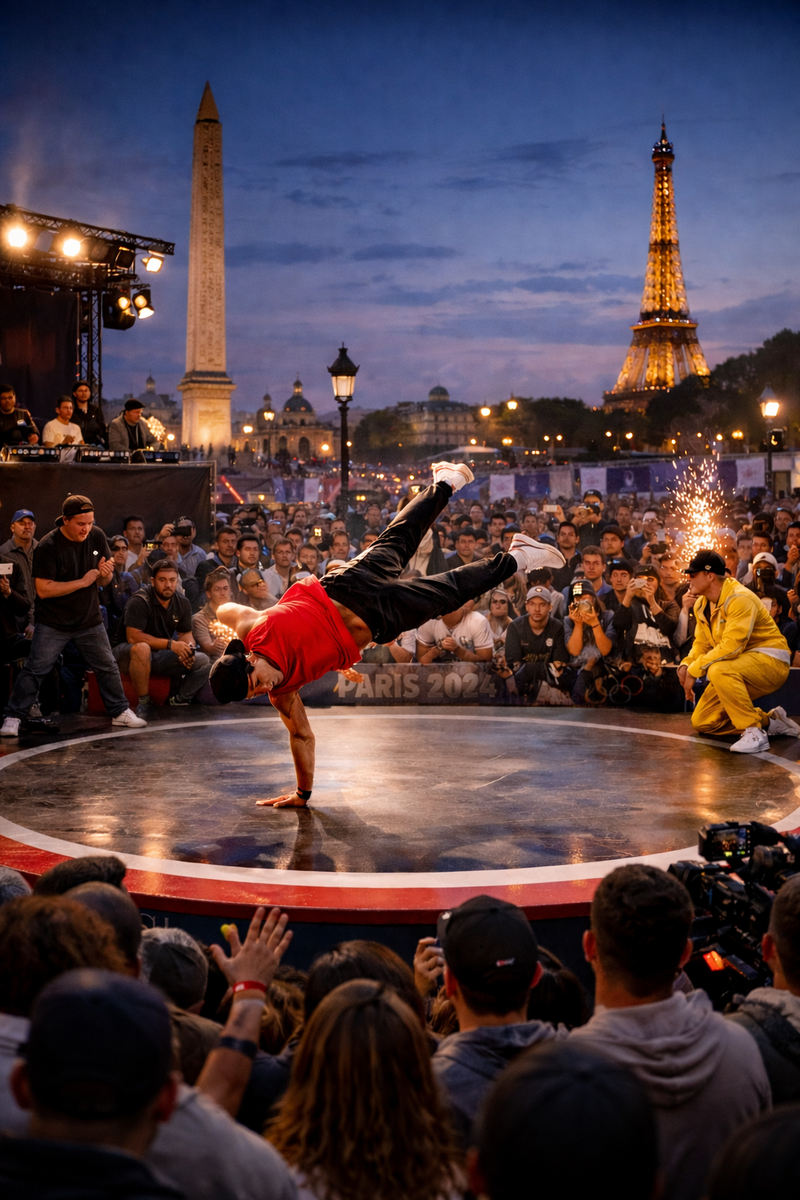 От палестры до парижских улиц: вечный ритм атлетики. Брейк-данс на Олимпиаде. Изображение сгенерировано с помощью ИИ.