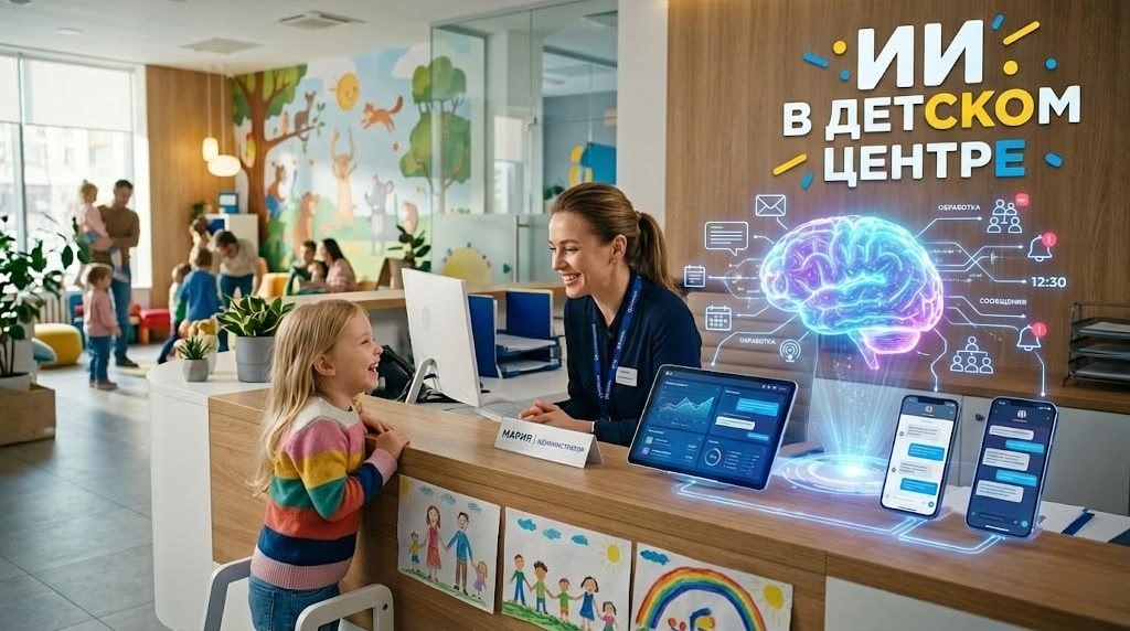 ИИ-ассистент для детского центра обрабатывает заявки родителей в телефоне, пока администратор общается с детьми