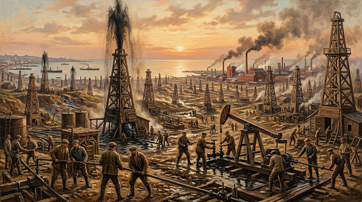 Добыча нефти в Баку 1914: фонтаны бьют, а капитал уходит за границу.