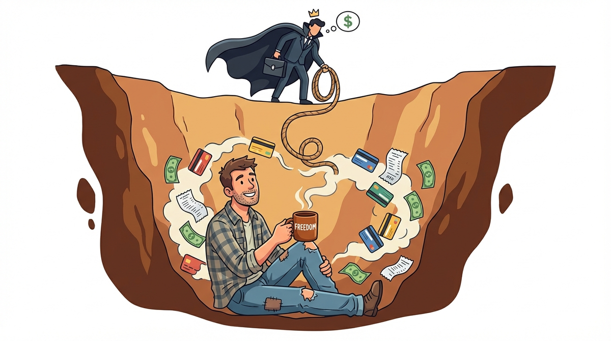 Ироничная иллюстрация банкротства физических лиц 2026: человек сидит в куче кредитных карт и долгов, адвокат протягивает спасательный круг с надписью «Банкротство» — как списать долги и не сойти с ума.