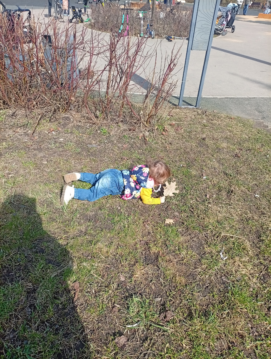 Да, я разрешаю своему ребёнку валяться на газоне 🌿 Она одета тепло, ложится ненадолго, а машинка всё прекрасно отстирает. Не вижу ничего ужасного в том, чтобы вот так просто лежать на траве и изучать мир. А вы?