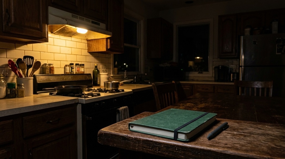 Ночная кухня, только подсветка над плитой — и чистая страница тетради, которую никто не открывал.