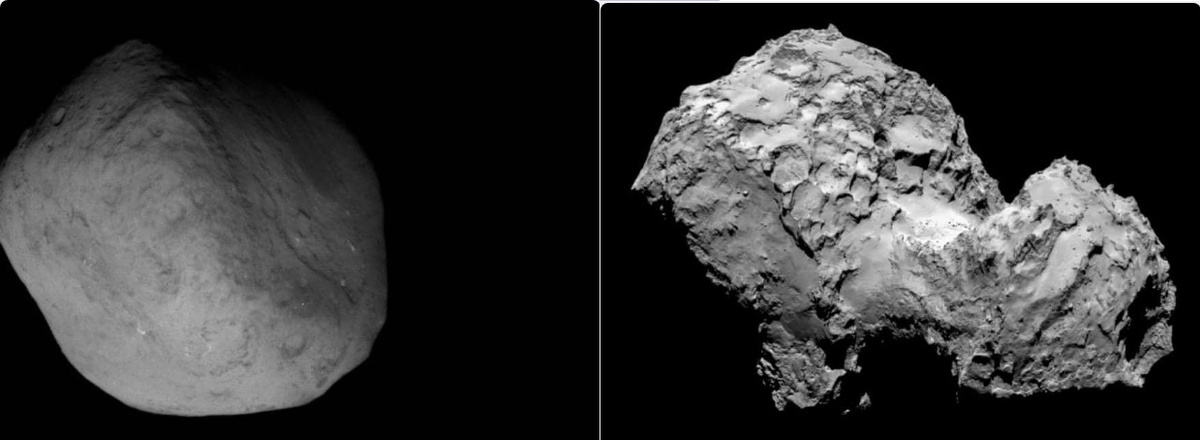 Ядро кометы 9Р/Tempel 1. (передано космическим аппаратом Deep Impact, NASA) и ядро кометы 67P/Чурюмова–Герасименко (сделано космическим аппаратом «Розетта»)