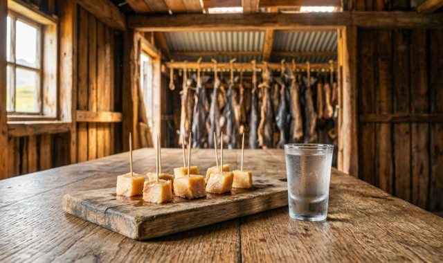 Кубики хаукарля на зубочистках выглядят почти безобидно, пока не подносишь их ближе. Резкий аммиачный запах бьёт мгновенно, а жёсткое мясо заставляет жевать дольше, чем хочется, запивая крепким алкоголем.  📷
