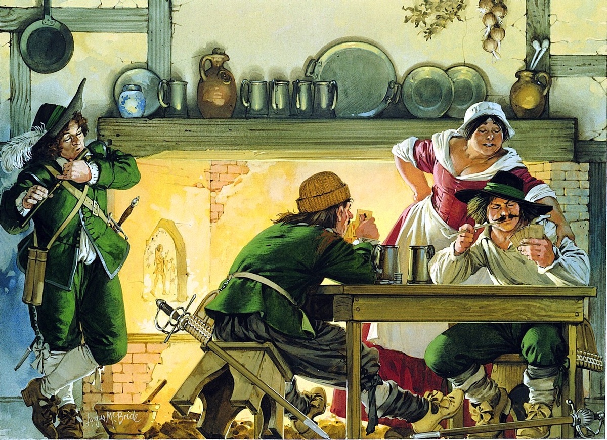 Английские солдаты в таверне, 1643 год. Английская революция. Художник: Angus McBride