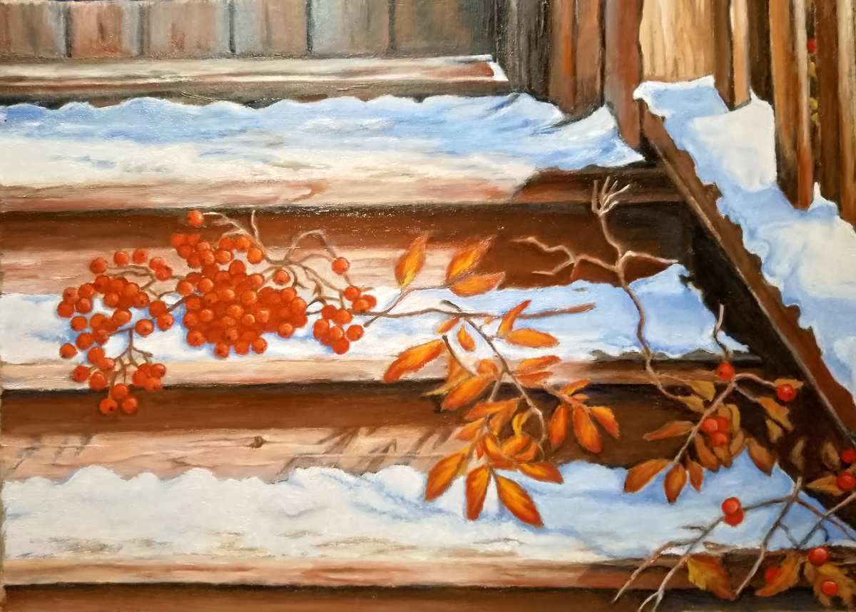 Картина «Ветка красной рябины». Картон/масло. 29,5х40 см. 