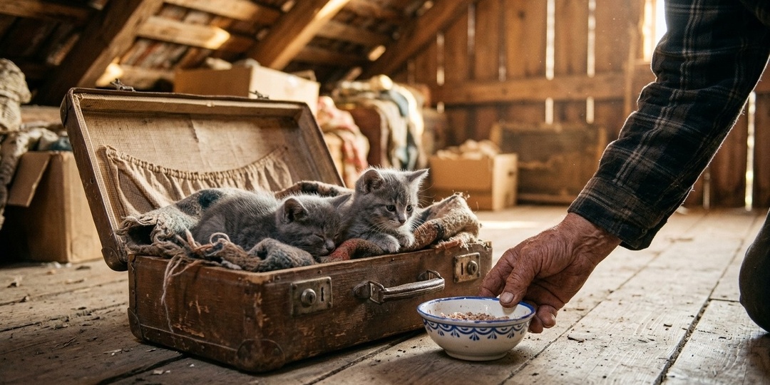 Два серых котёнка остались одни на чердаке. Дед с миской молока изменил всё
