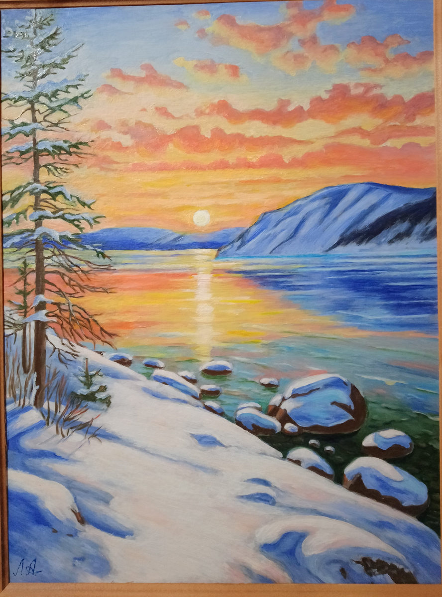 Картина «Вечерняя заря на Байкале». Картон/масло. 29,5х40 см. 