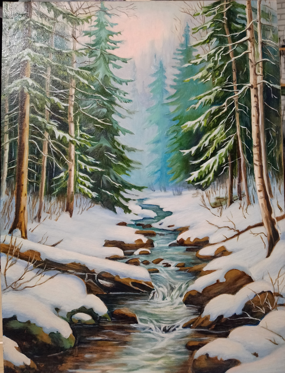 Картина «Чистый ручей в зимнем лесу». Картон/масло. 29,5х40 см. 