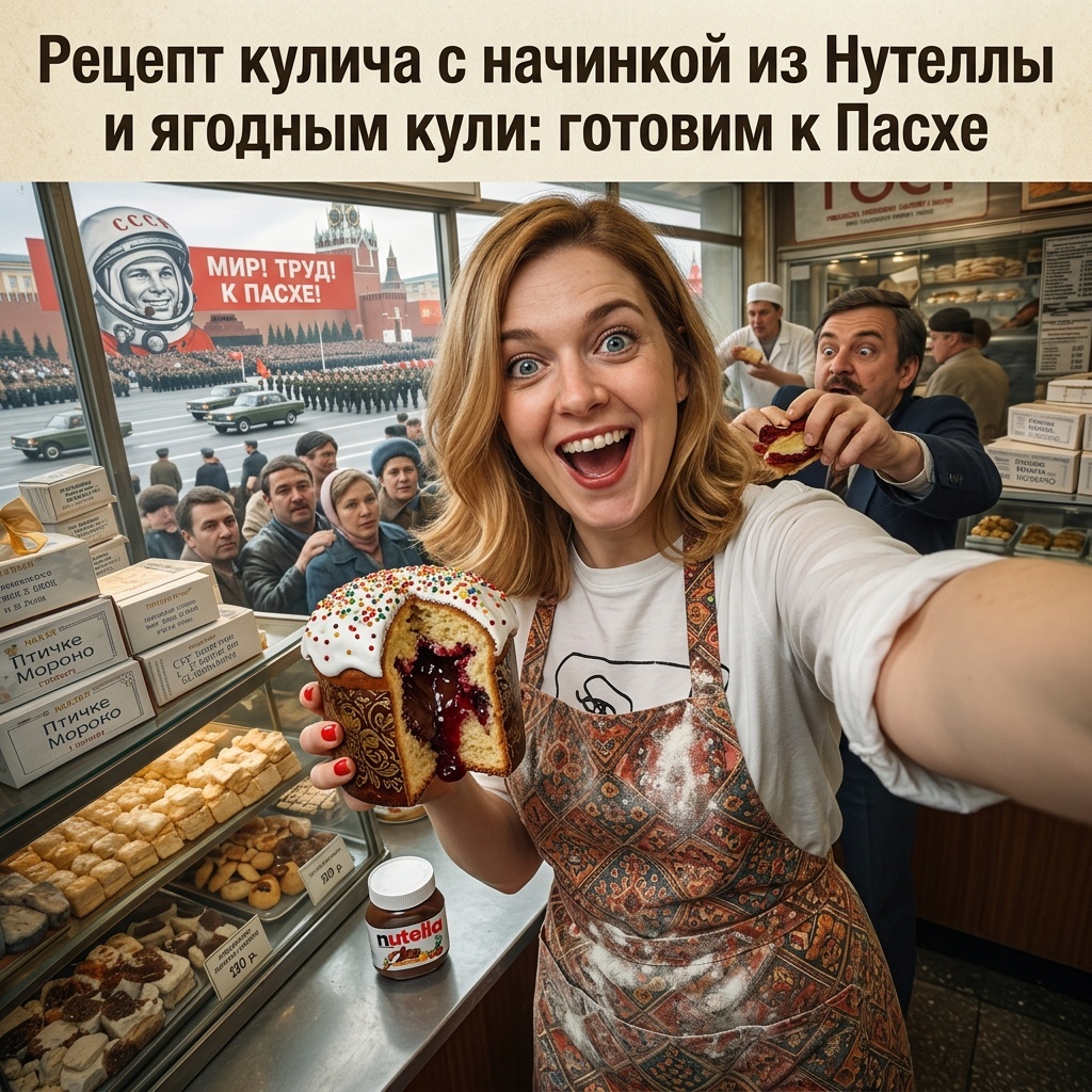    Домашний кулич к Пасхе с вытекающей начинкой из Нутеллы и освежающим ягодным слоем. admin