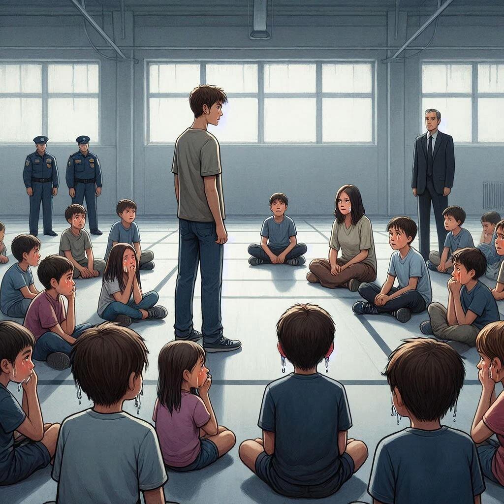 
Дети сидели в полной тишине. У кого-то текли слёзы -- но никто не издал ни звука.

Эта тишина пугала полицейских больше, чем крики.