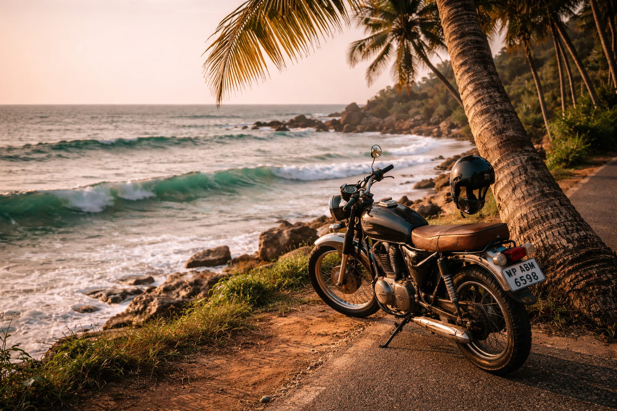 Свобода на двух колесах: закат на южном побережье, где дорога сливается с океаном.