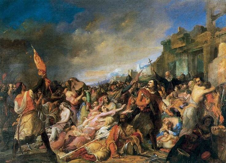 Последнее причастие жителей Мессолонги. Художник - Луи Жозеф Туссен Россиньон. На картине изображен героический эпизод войны за независимость греков (1821-1829 гг.) - последний день осады турками города Мессолонги 10 апреля 1826 г. Чтобы не достаться захватчикам, собравшись вокруг последнего бочонка пороха, защитники города решили подорвать себя