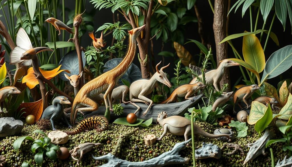    Динамичная сцена, изображающая различные виды в зеленой экосистеме, показывающая процесс эволюции с различными животными и растениями, адаптирующимися к среде.