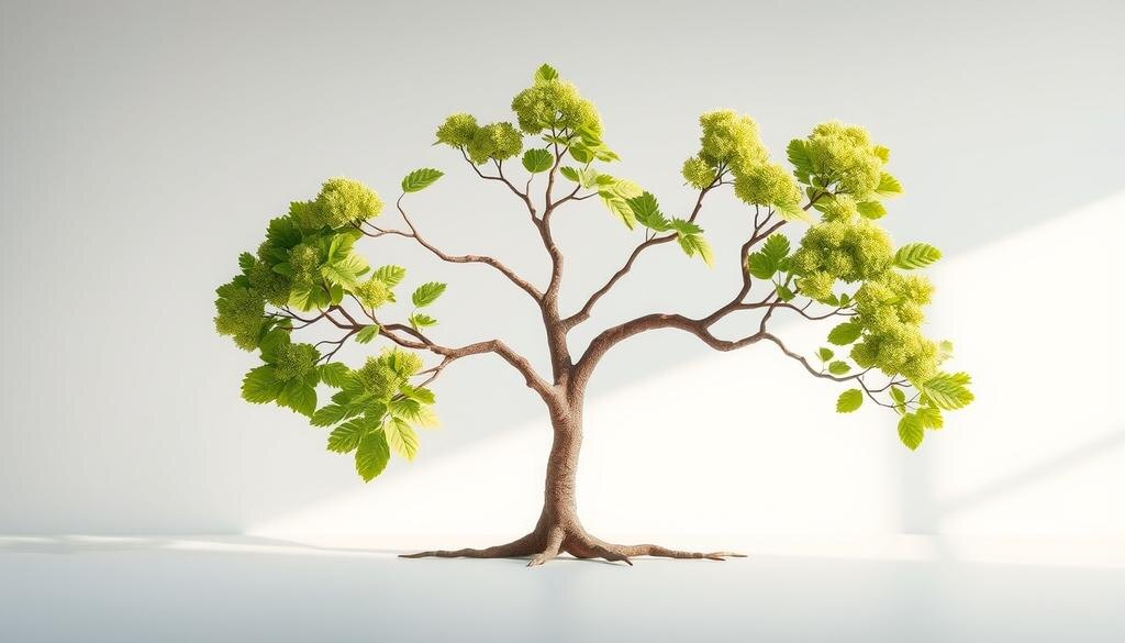    Иллюстрация генетического дерева, демонстрирующая концепцию наследования и вариаций, с ветвями, представляющими различные виды и их уникальные наследуемые черты.