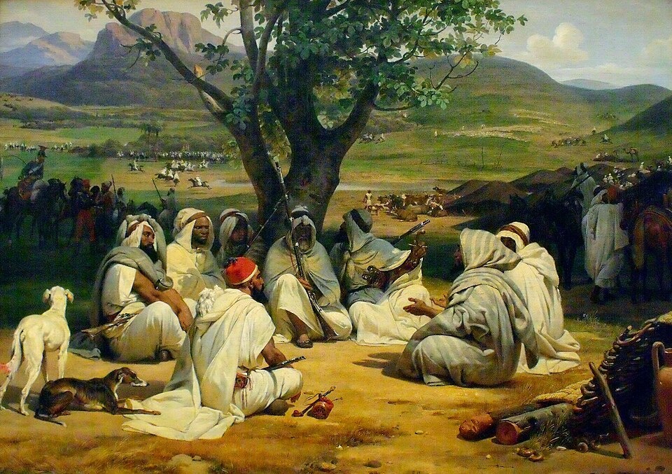 Совещание арабских вождей. 1834 г. Авторство: Орас Верне. 1. Web Gallery of Art:   Изображение  Info about artwork2. Emile Jean Horace Vernet, Le Parlementaire et les Medjeles (Chefs arabes en conseil), Общественное достояние, https://commons.wikimedia.org/w/index.php?curid=15399055