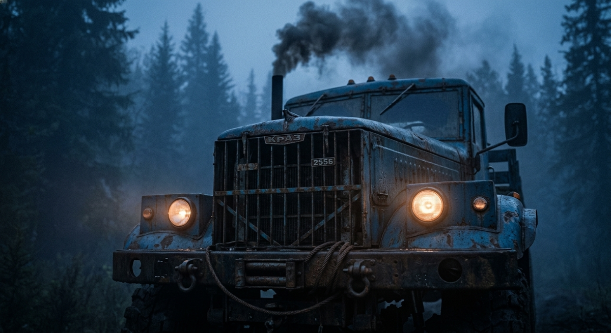 Пробуждение зверя: КрАЗ-255Б прогревает цилиндры в утреннем тумане