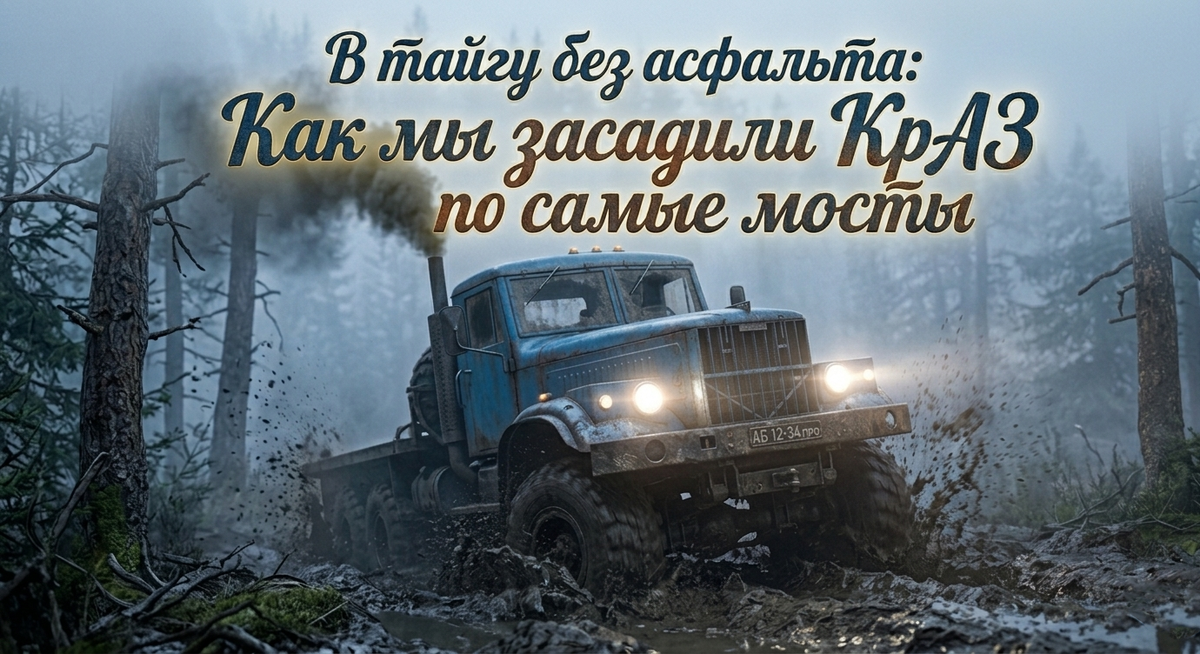 Атмосферный концепт-арт VTC Grand (AI). Визуализация КрАЗ-255 в условиях экстремального бездорожья тайги.