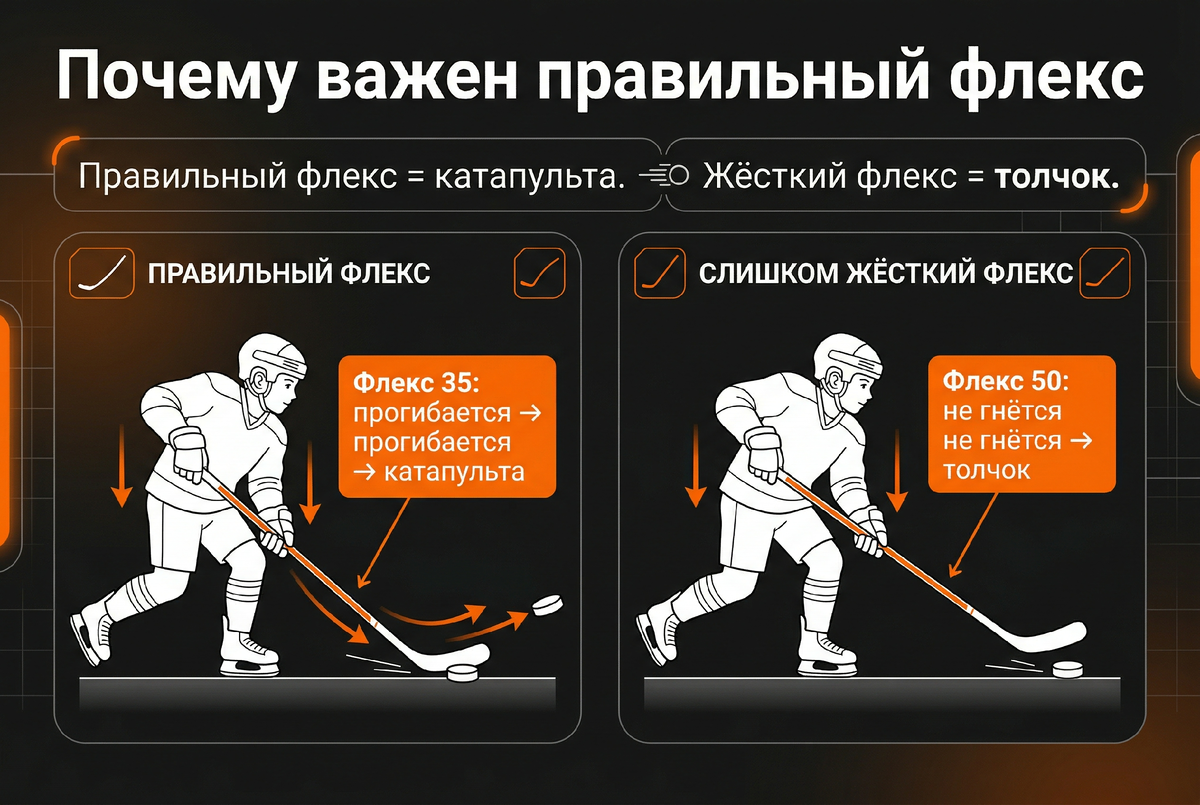 Как флекс клюшки влияет на бросок ребёнка — физика в двух схемах