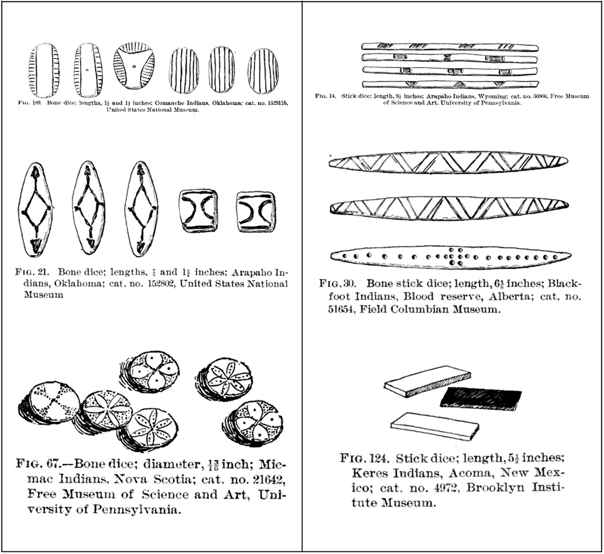 Иллюстрации из книги Кулина: примеры плоских игральных костей североамериканских индейцев.