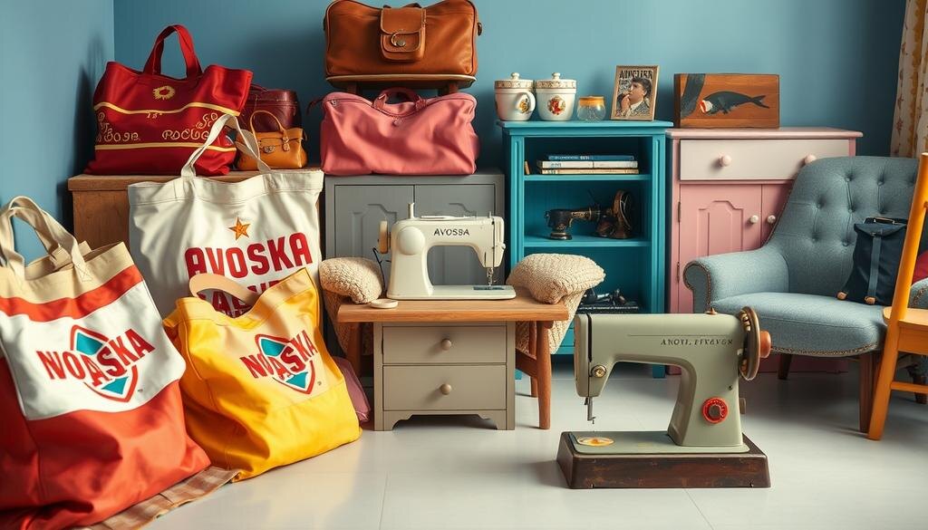    Долговечные предметы советской эпохи, такие как авоська, швейные машинки и яркая мебель, отражающие стиль и прочность прошлых лет.