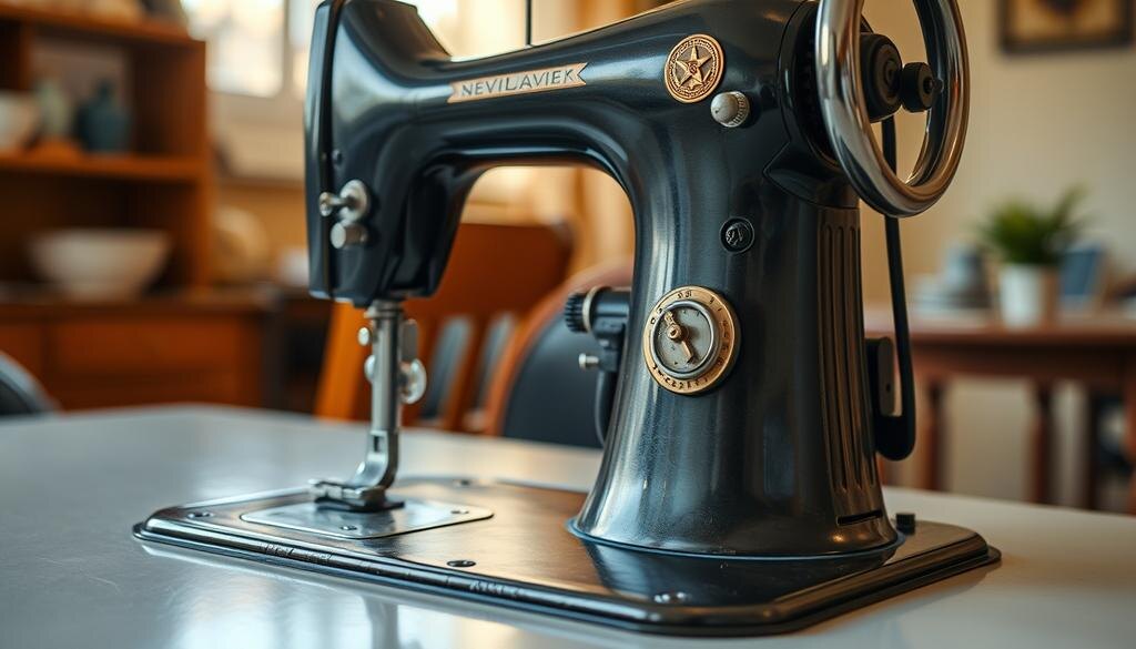    Классическая швейная машинка советских времён, выполненная из металла, на фоне уютной домашней обстановки.