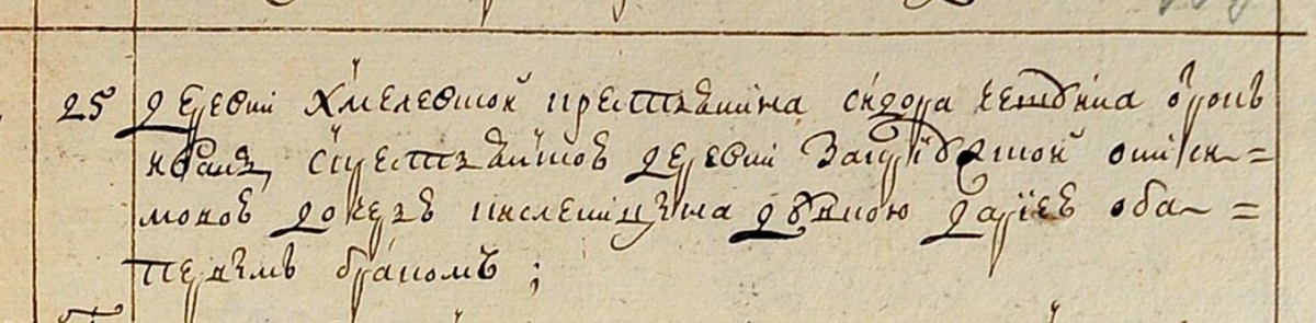 Брак Ивана Сидоровича Чешуина с Дарьей Анисимовной Кисленицыной из деревни Закривужской в 1754 году