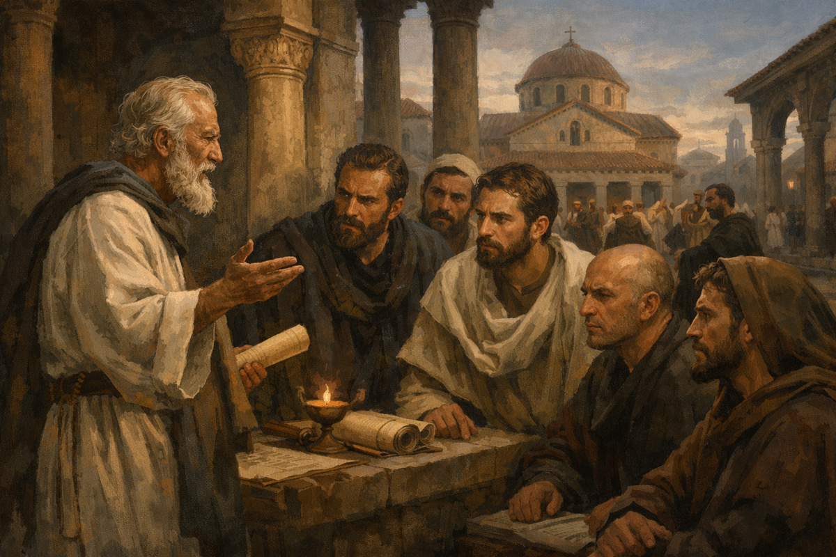 Раннехристианский город IV века, напряжённая богословская атмосфера. На переднем плане — пожилой христианский учитель или пресвитер, спорящий с группой клириков и учеников. Вокруг — колонны, свитки, лампы, городской храмовый двор, серьёзные лица, ощущение надвигающегося церковного раскола.