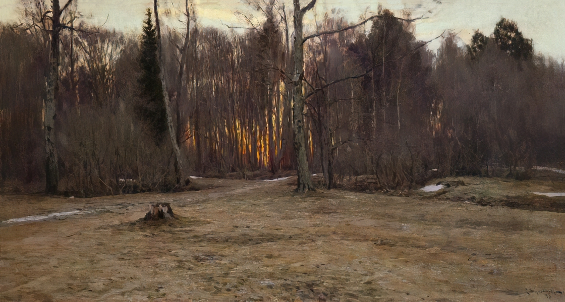 "Апрельский вечер ( Весна. Вечер )", 1898 год. Холст, масло. 67 x 127 см. Челябинская областная картинная галерея. Жуковский Станислав Юлианович