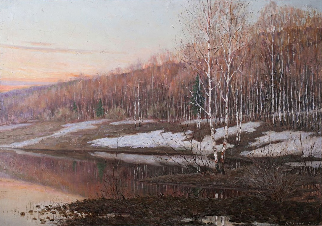 «Апрельский вечер», 1937 год. Дерево, масло 58 х 83,5см. Ирбитский государственный музей изобразительных искусств. Рылов Иван Яковлевич