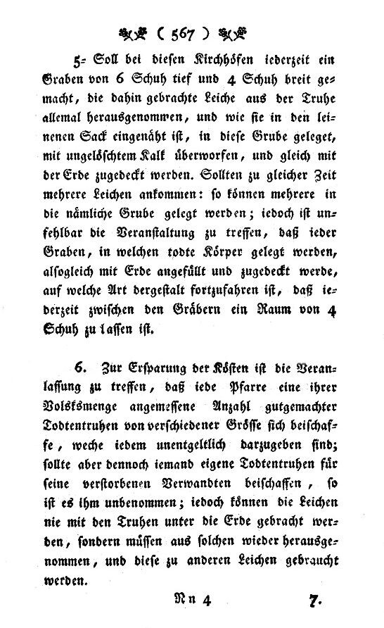 Фрагмент приказа с указанием размеров могилы и концепции многоразовых гробов (что каждая община должна иметь запас подобных бесплатных гробов и что гробы ни в коем случае не должны закапывать в землю).