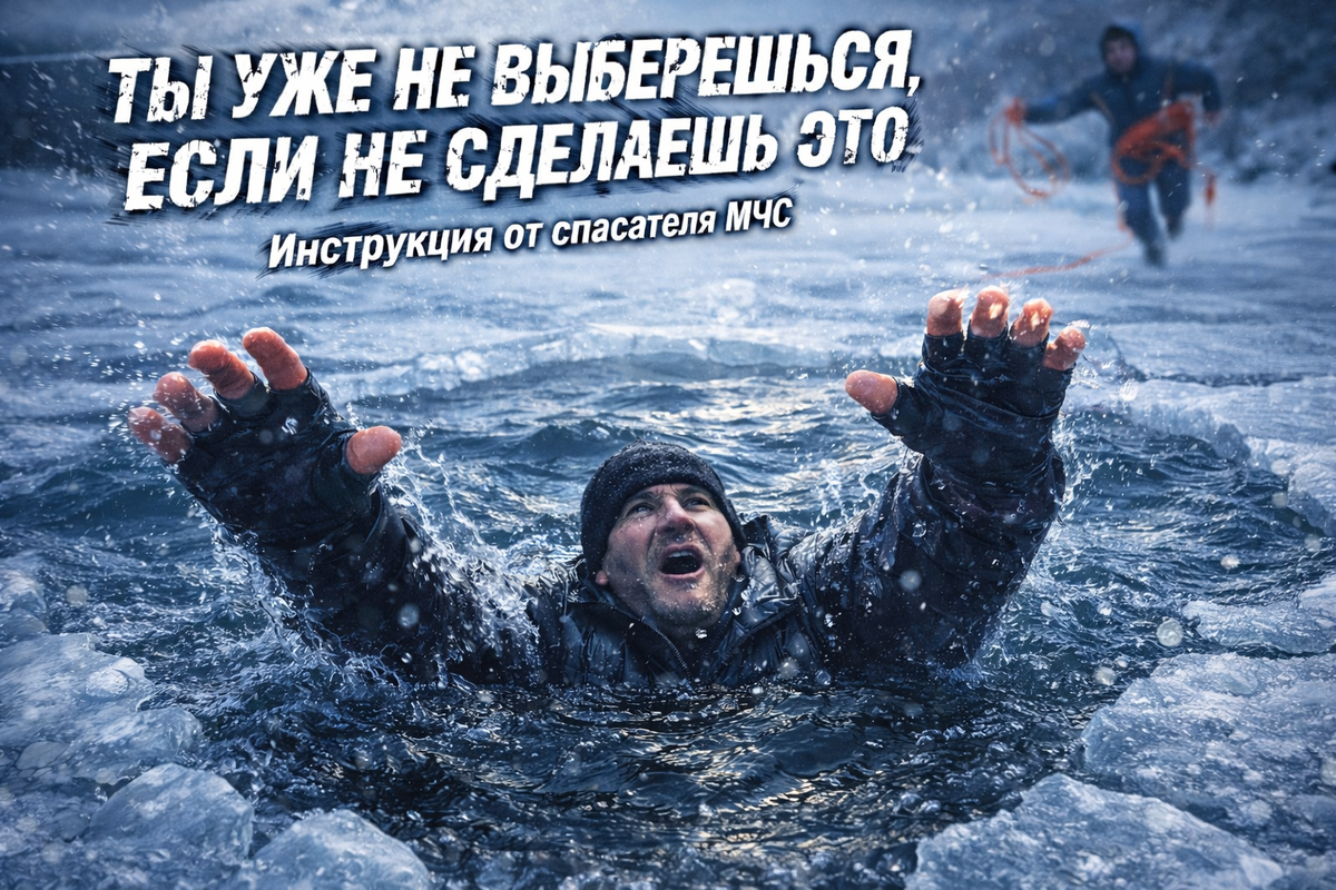 ЁЧеловек провалился под лед, вцепился в кромку, лед трескается вокруг. Динамичный, эмоциональный кадр. Надпись: "Ты уже не выберешься, если не сделаешь это". Инструкция от спасателя МЧС на обложке статьи.