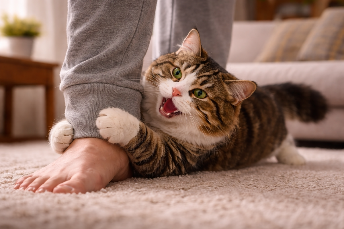 Кошка нападает на ноги. Фото сгенерировано ИИ