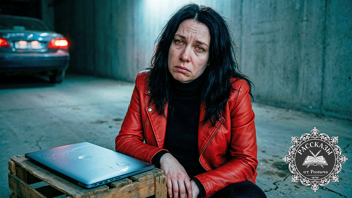 Женщина с янтарными глазами и черными волосами, в ярко-красной кожаной куртке, сидит на грязном бетонном полу в темноте, прислонившись к стене. Перед ней на деревянном ящике стоит закрытый ноутбук. Её лицо выражает полное опустошение и осознание краха.