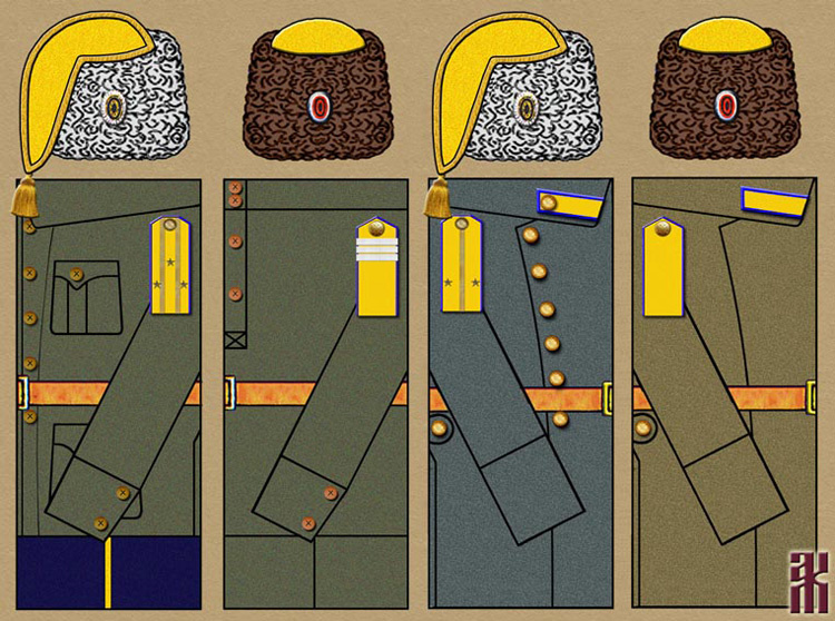 Вот такое примерно) Ряд источников ещё про красные шаровары рассказывает, по крайней мере у офицеров. 