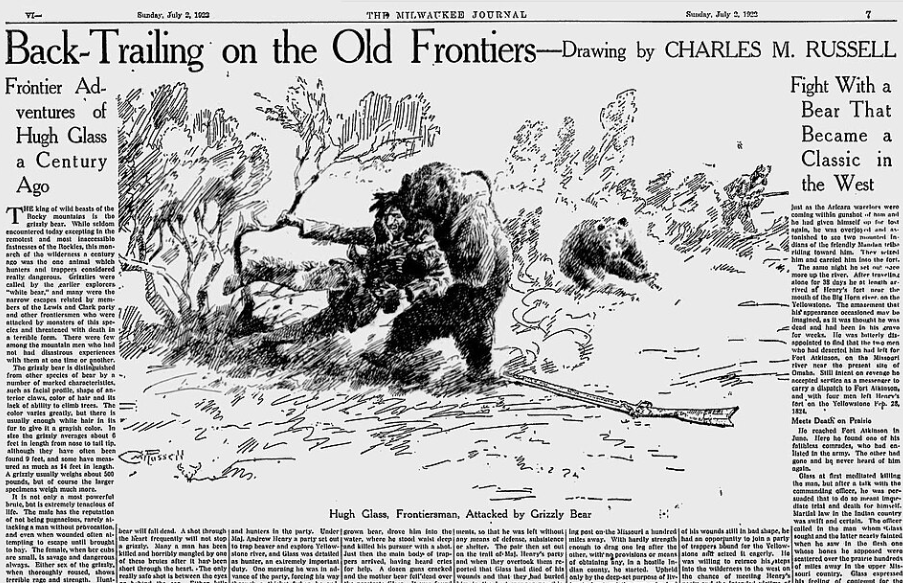 Иллюстрация схватки Гласса с гризли в газете The Milwaukee Journal в 1922 году - https://ru.wikipedia.org/wiki/Гласс,_Хью