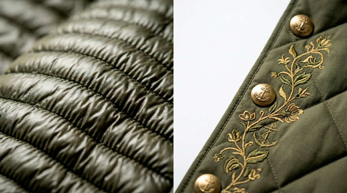 Слева - блестящая нейлоновая ткань с частой горизонтальной стёжкой, справа - благородная матовая ткань гладкой куртки чёткого кроя.