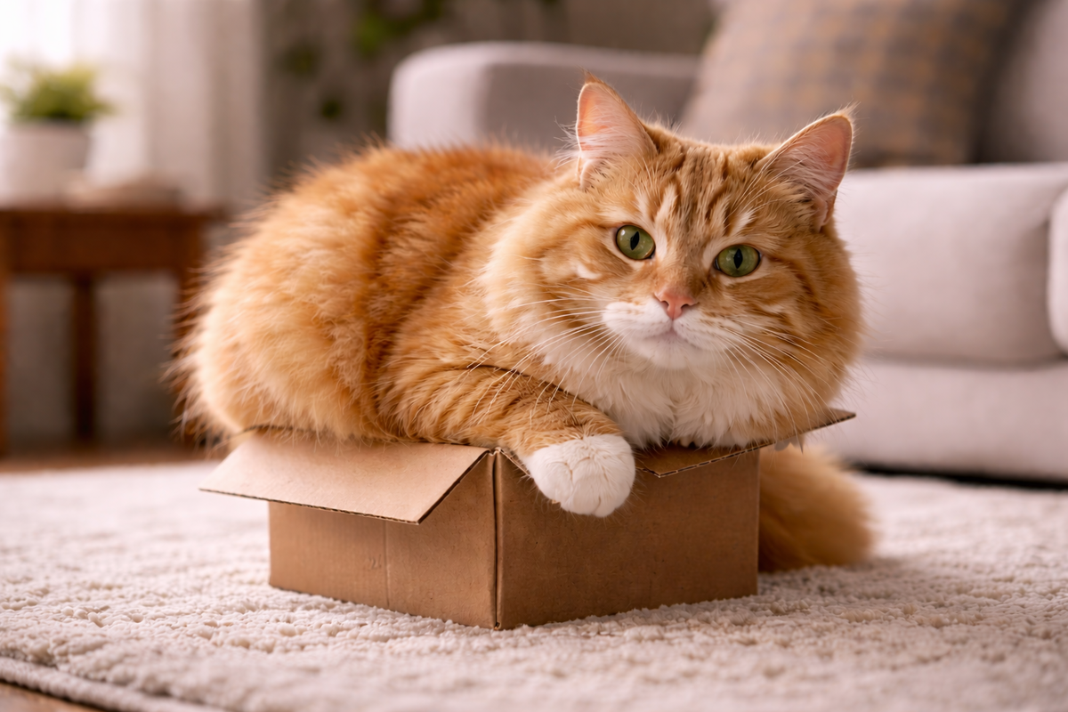 Рыжая кошка залезла в маленькую коробку. Фото сгенерировано ИИ