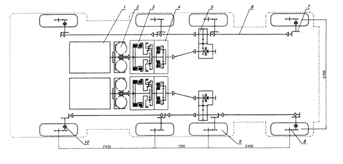 Схема сухопутного ЗИЛ-135Е. Источник: https://www.kolesa.ru/article/legendarnaya-135-ya-rozhdenie-izvestnyh-sovetskih-raketovozov-zil/
