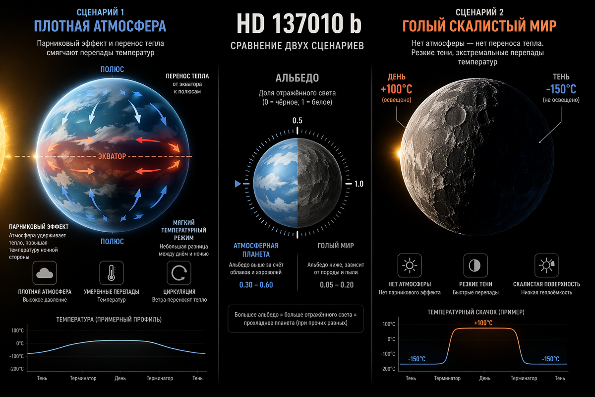 Схема сравнения двух сценариев HD 137010 b. Слева: планета с плотной атмосферой (парниковый эффект, перенос тепла от экватора к полюсам). Справа: голый скалистый шар (резкие тени, график температурного скачка от -150°C в тени до +100°C на свету). По центру — векторная диаграмма альбедо.