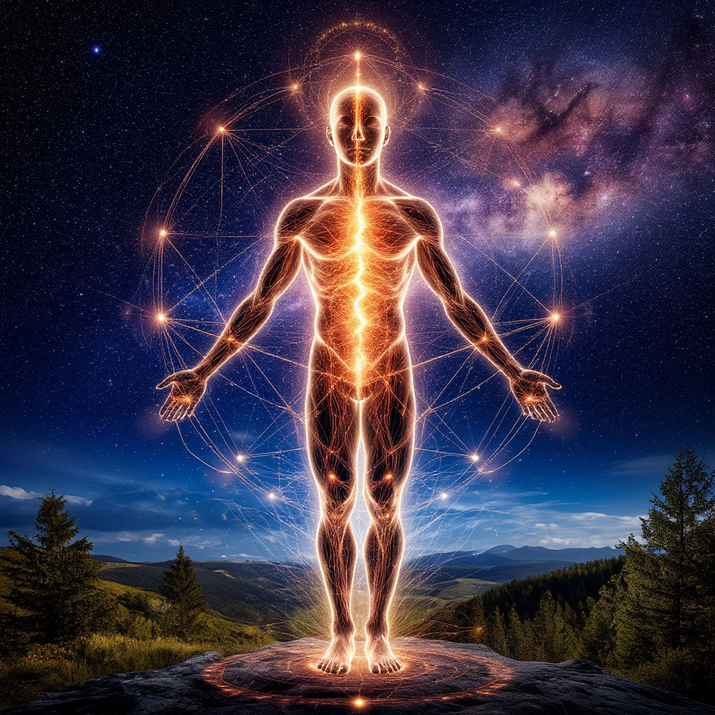 Сгенерировано ИИ- энергосистема человека в взаимодействии с Вселенной и Природой.